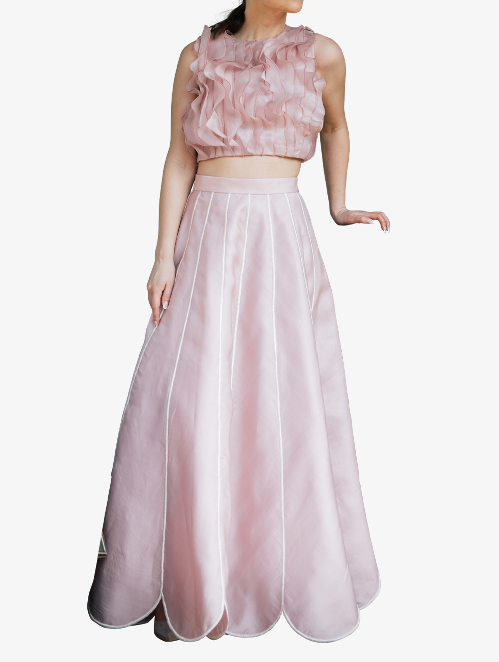 Pink organza ruffle crop top and petal skirt