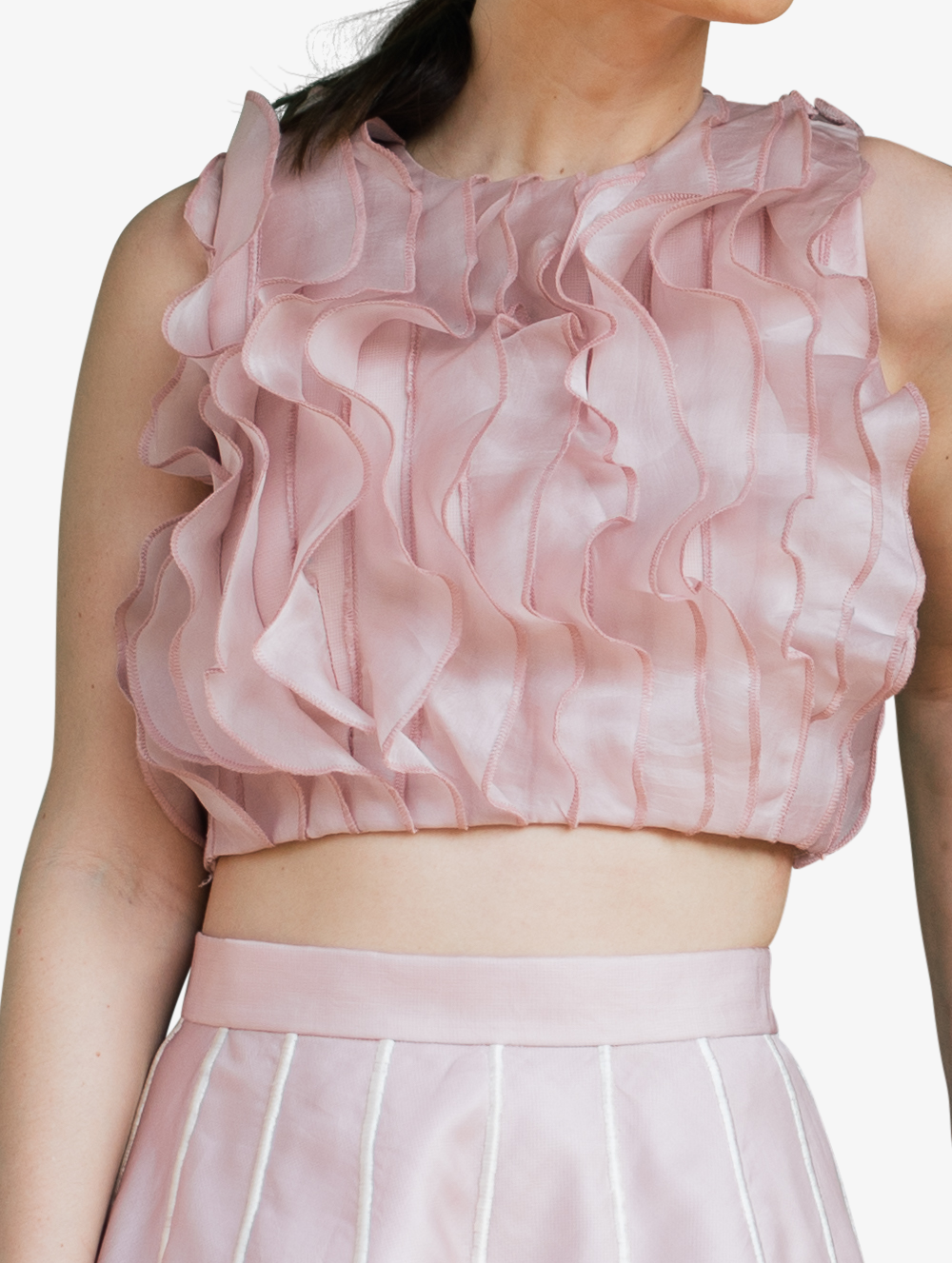 Pink organza ruffle crop top and petal skirt