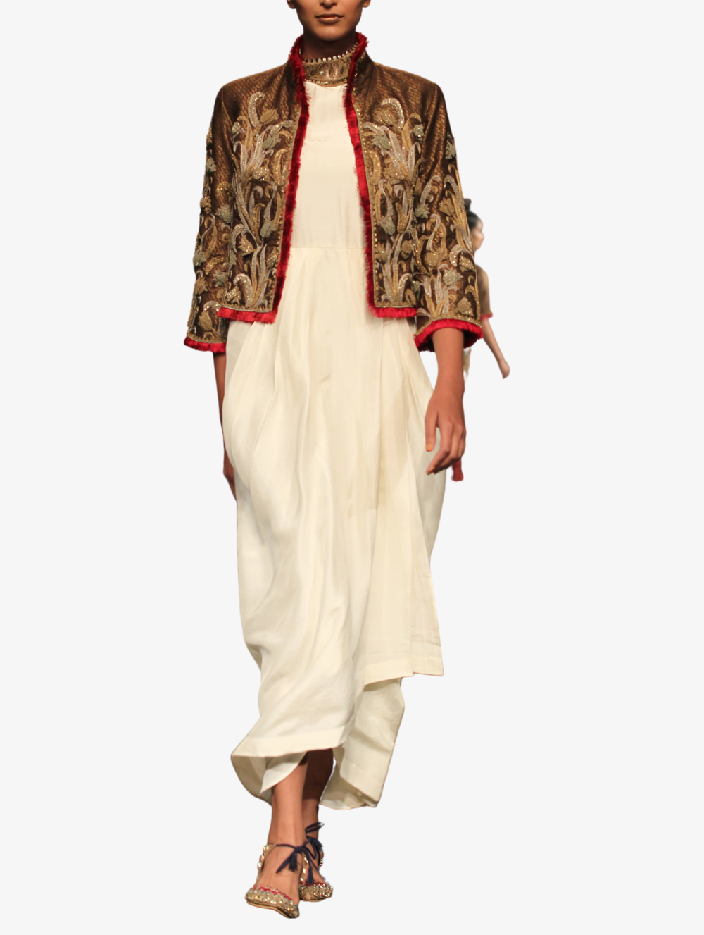 Gold Embroided Jacket with Cream Dress