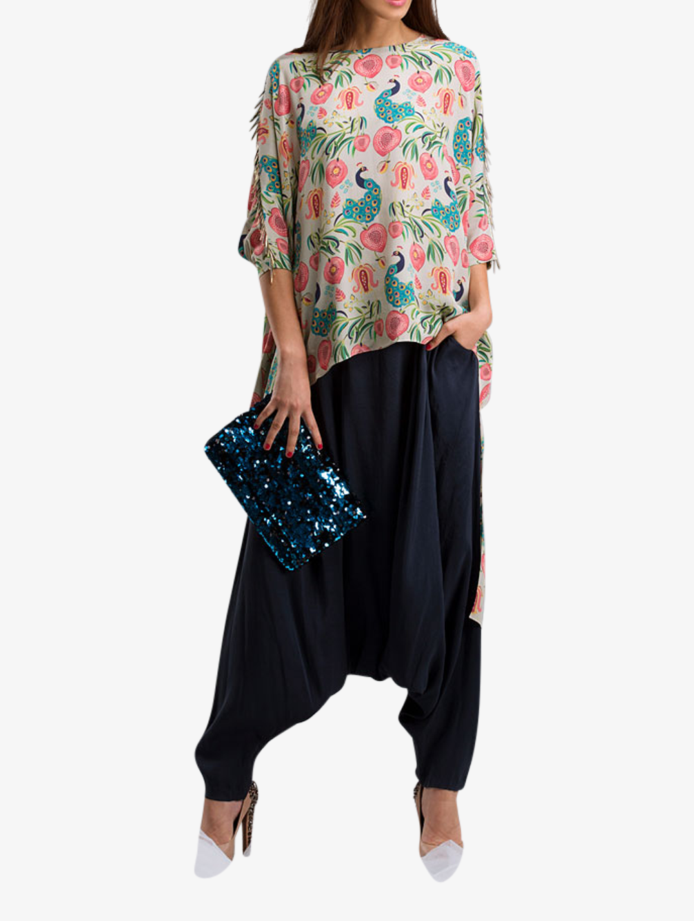 Khaki anaar print cape with navy silk crotch trousers