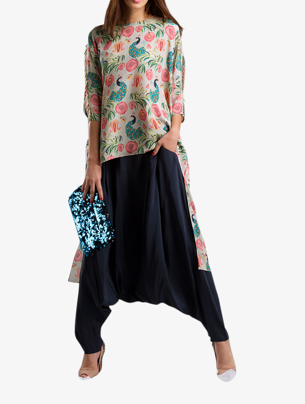 Khaki anaar print cape with navy silk crotch trousers