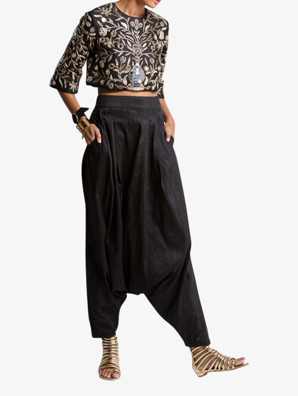 Black dupion with leather low crotch trousers
