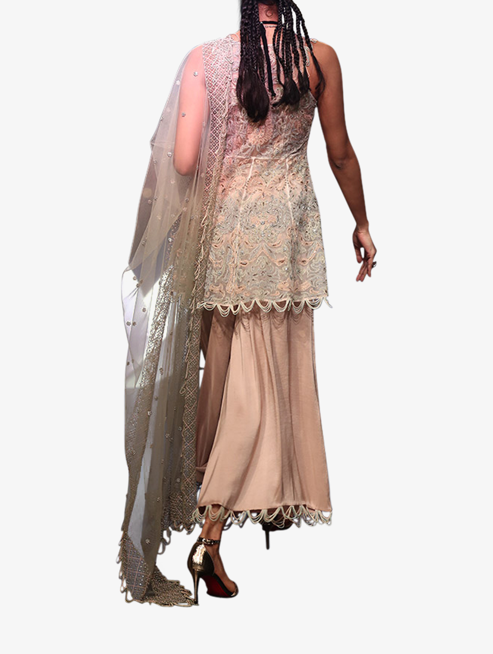 Off-white organza embroidered anarkali top with rose pink linking and silk palazzo with mint net dupatta