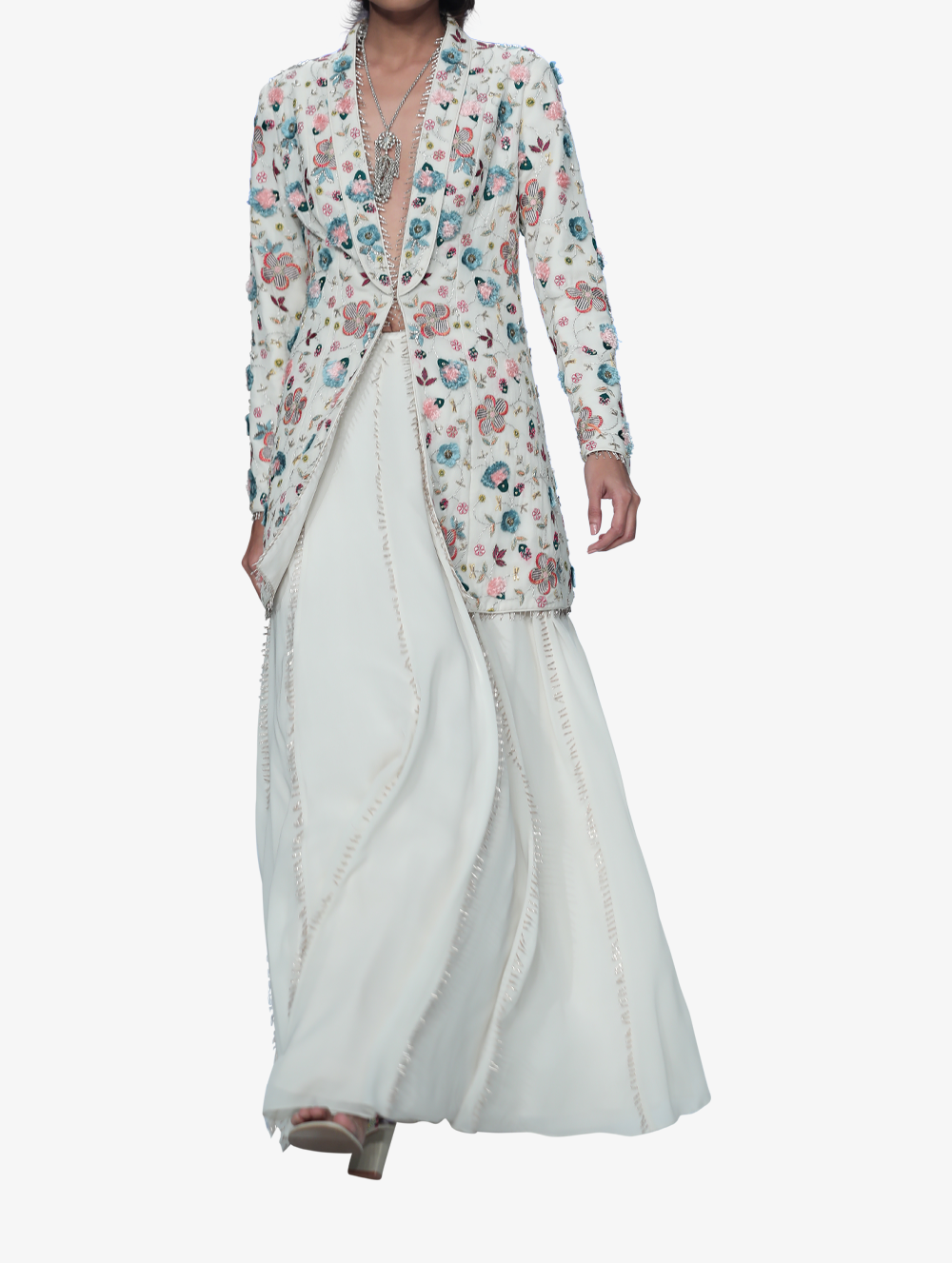 Chalk white georgette embroidered jacket and lehenga with tassels