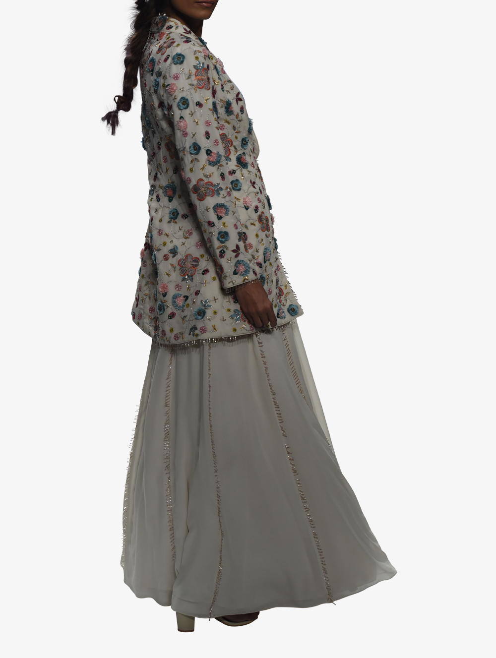 Chalk white georgette embroidered jacket and lehenga with tassels