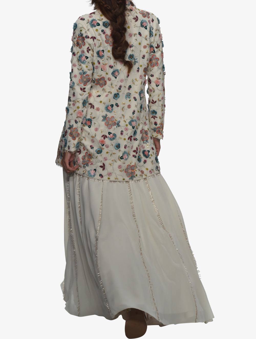 Chalk white georgette embroidered jacket and lehenga with tassels