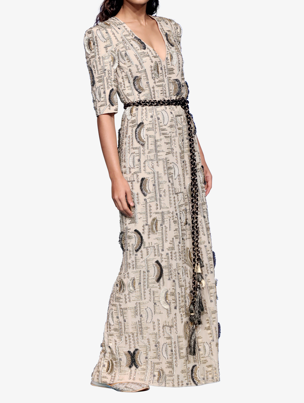 Stone georgette embroidered deep neckline gown with rope belt