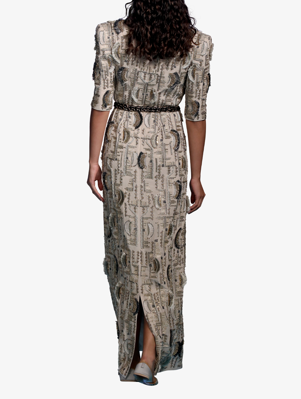 Stone georgette embroidered deep neckline gown with rope belt