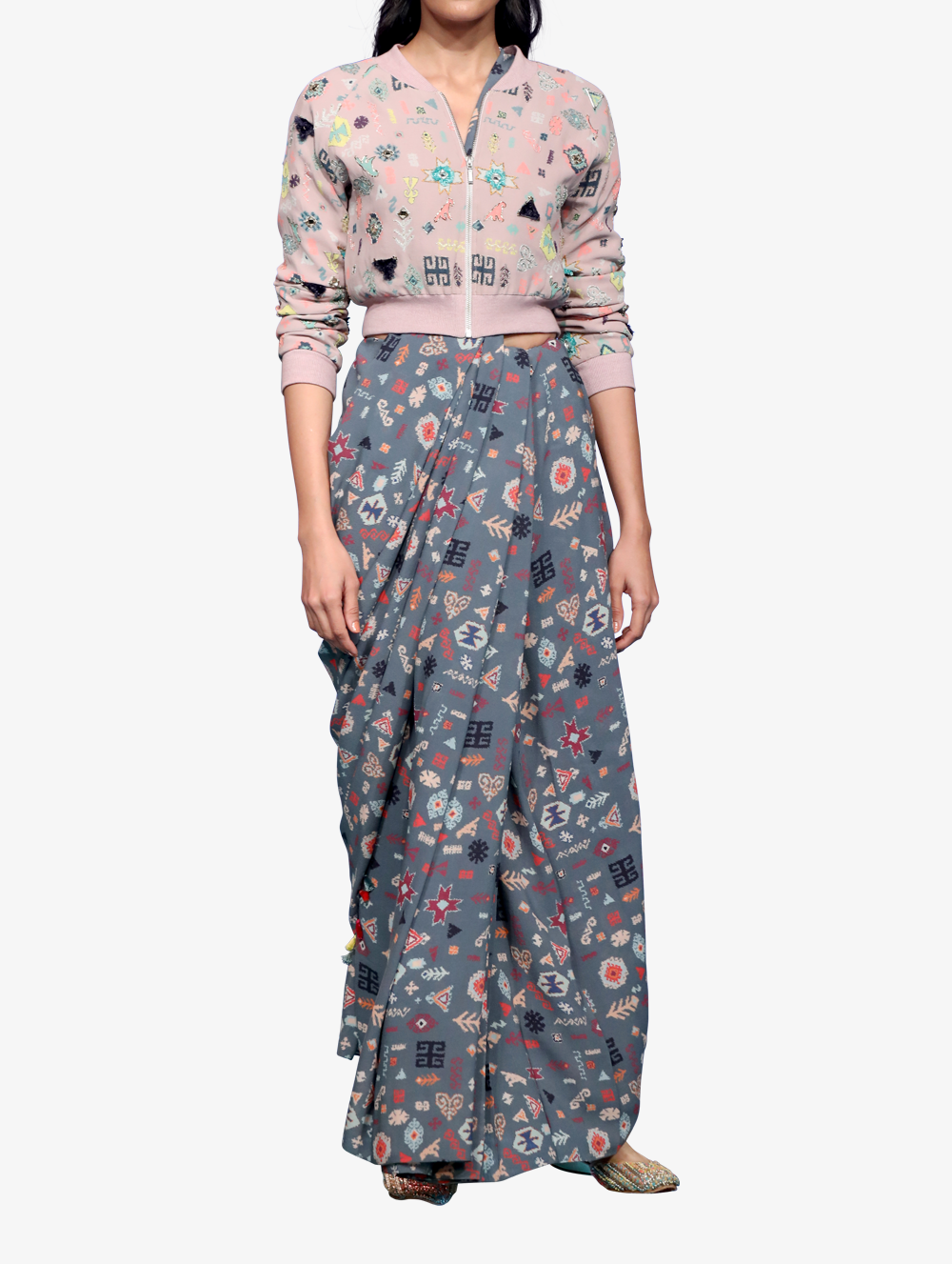 Lavendar lime bandhini with blue bandhini kilim + petticoat