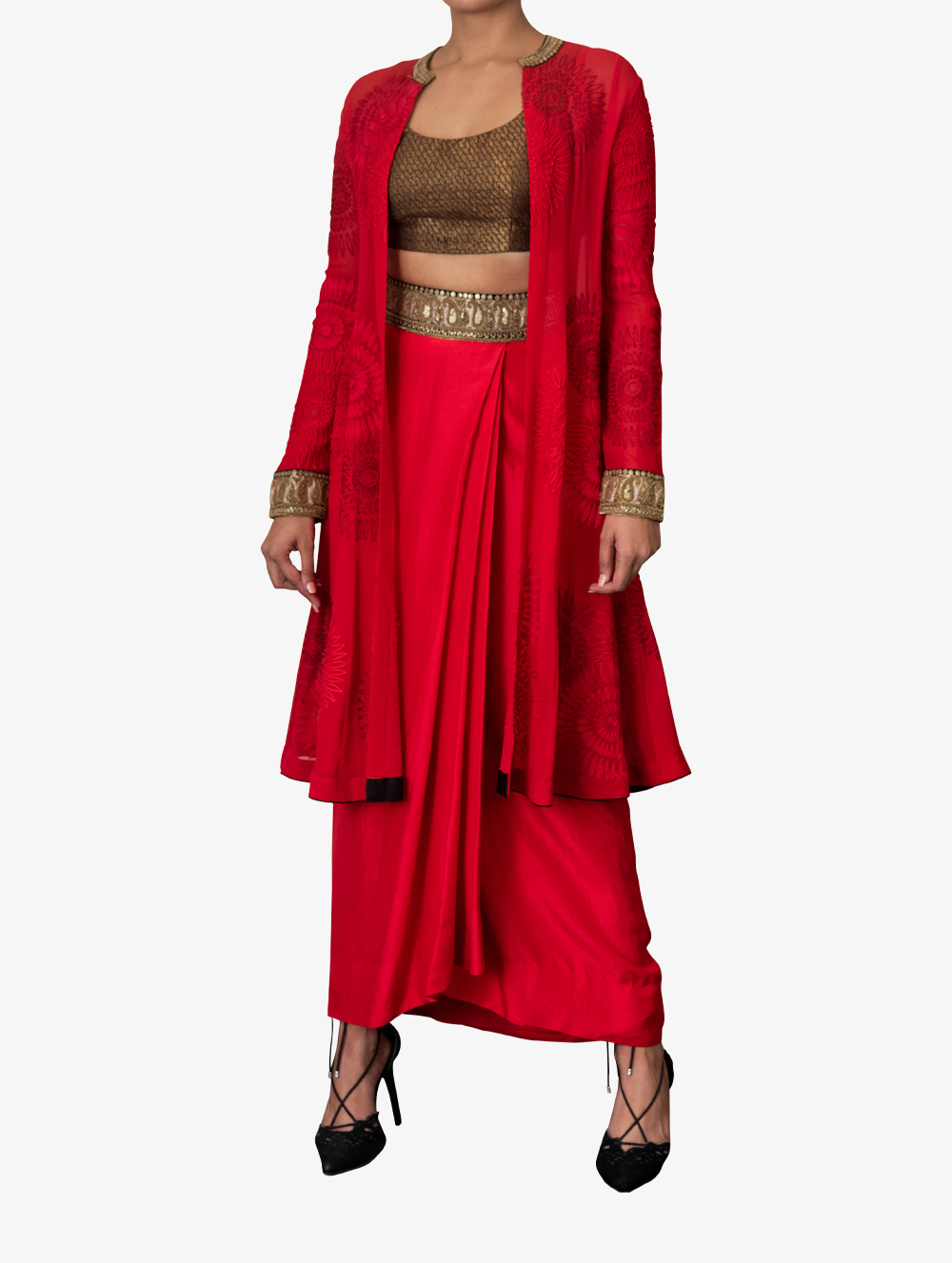 3 Piece set with a red georgette jacket
