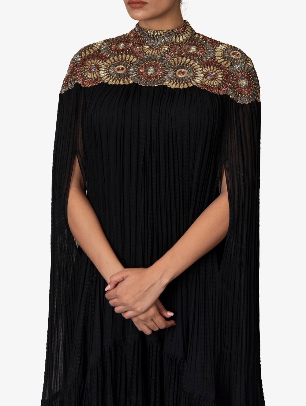 Black chiffon cape with a dupion drape