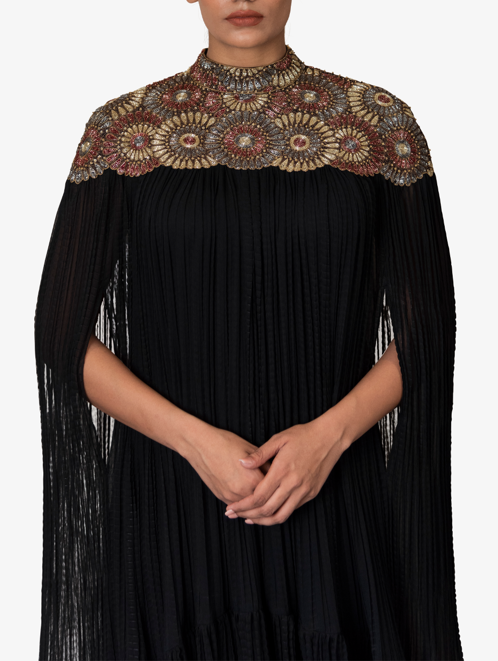 Black chiffon cape with a dupion drape