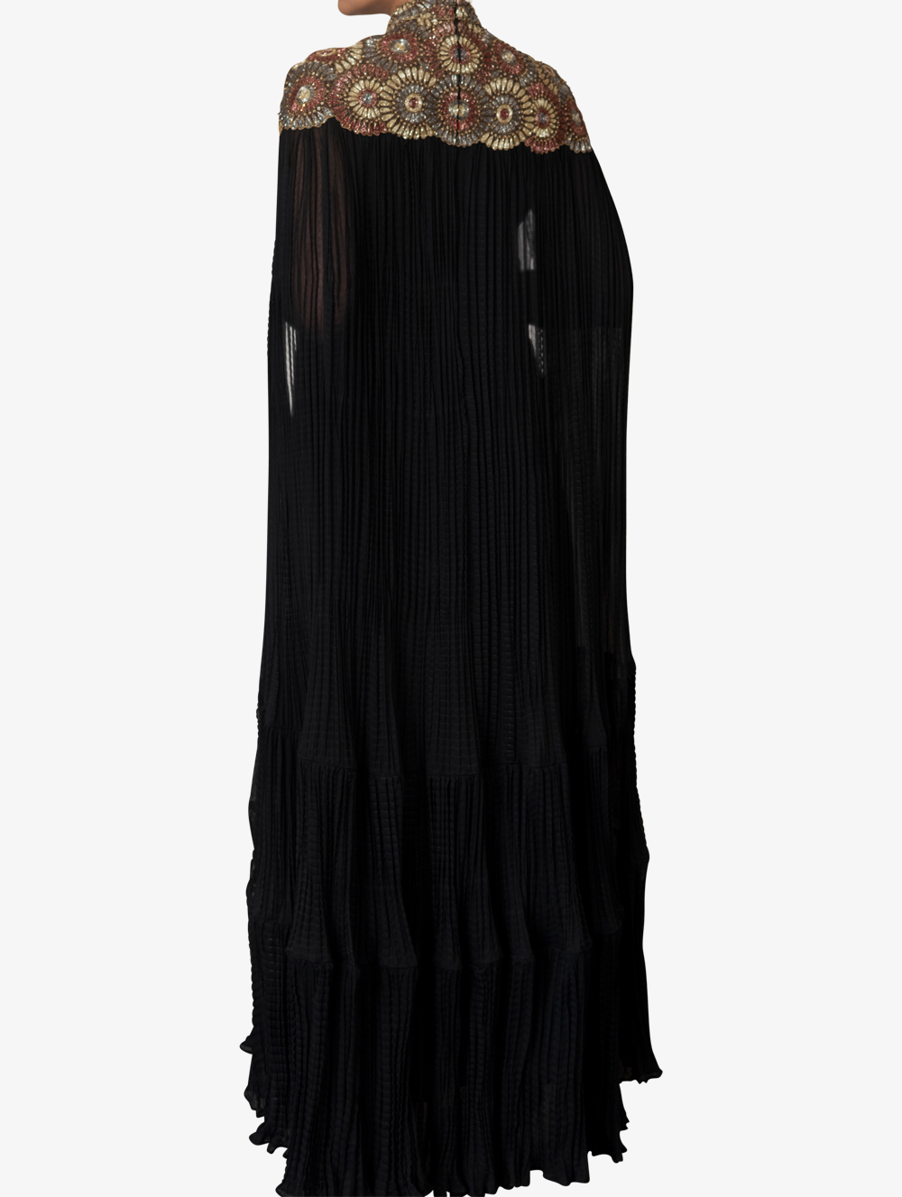 Black chiffon cape with a dupion drape