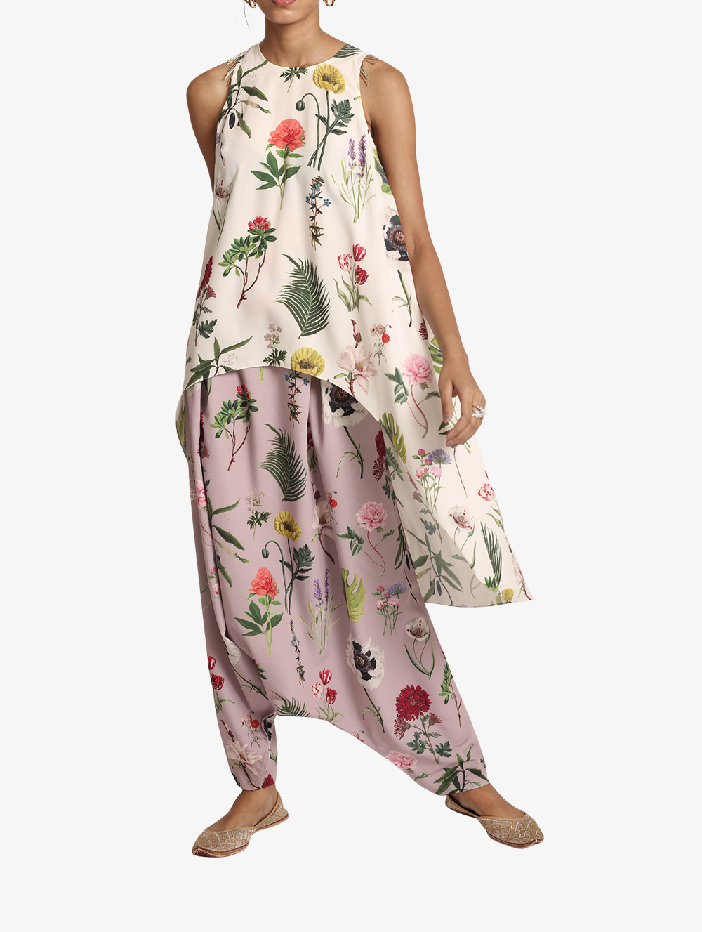 Ivory Bageecha print Kurta with Lilac low trousers