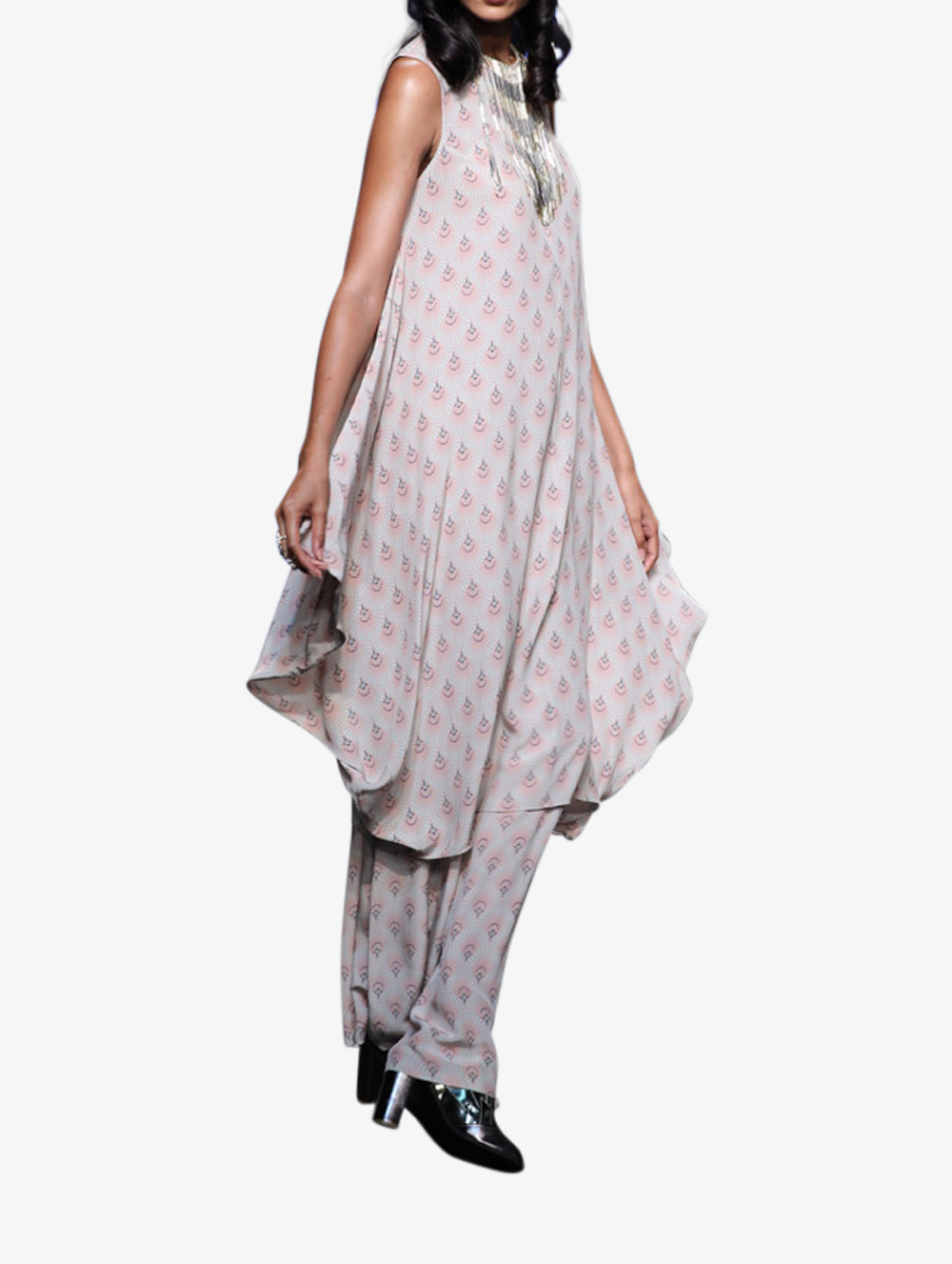 Blush fan print crepe cowl kurta with fringe tassel neckline and palazzo