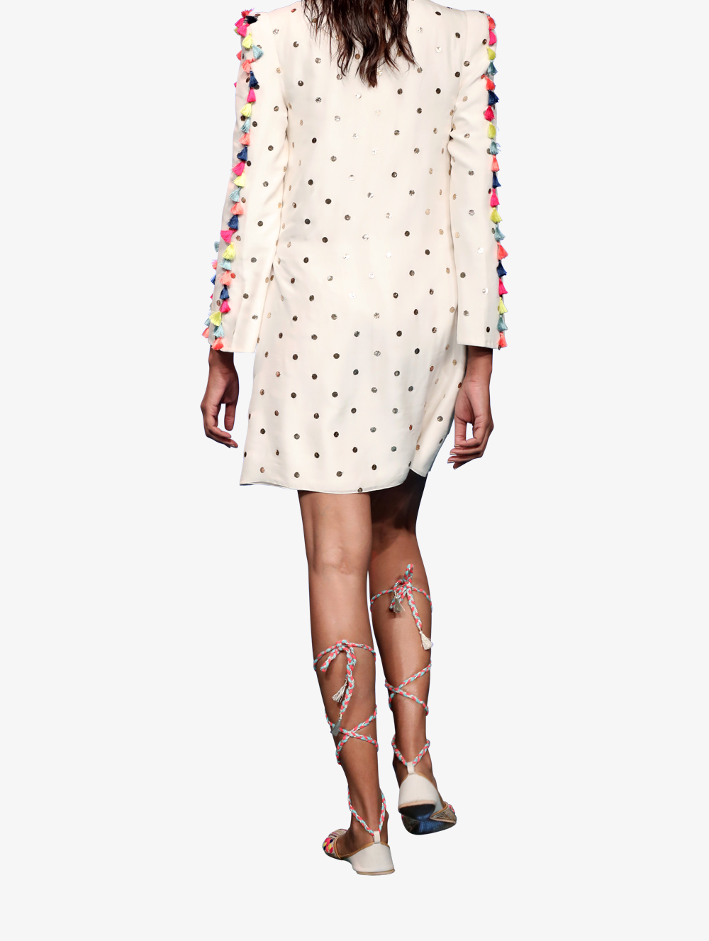 Off white dot mukaish silk embroidered yoke dress with tassels