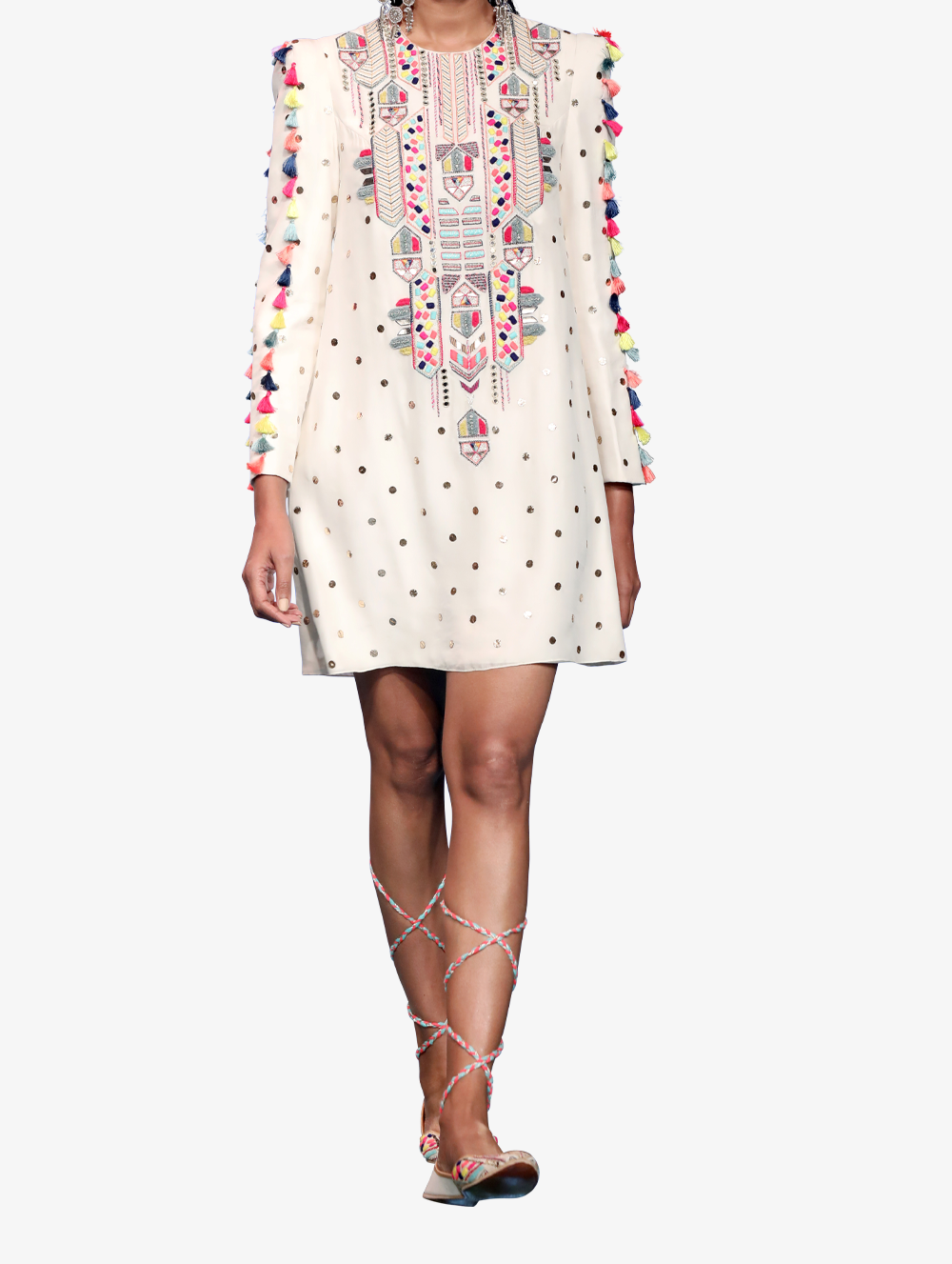 Off white dot mukaish silk embroidered yoke dress with tassels