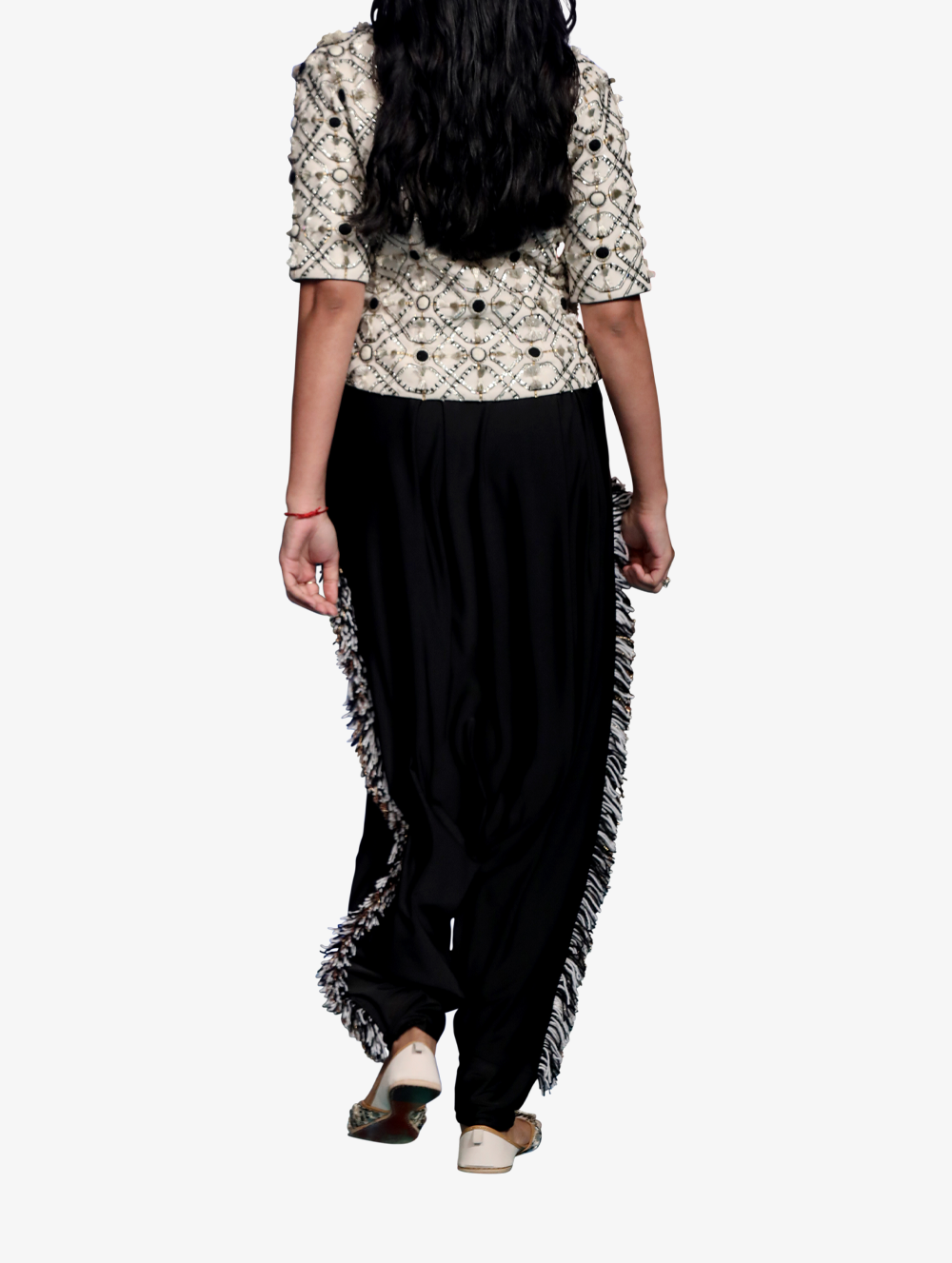 Chalk white georgette embroidered jacket with black lycra low crotch trousers