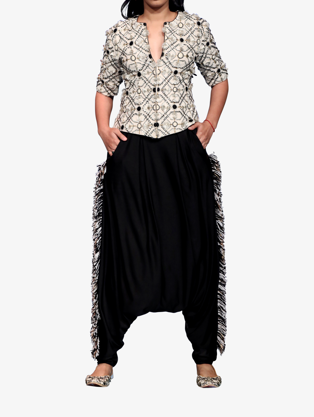 Chalk white georgette embroidered jacket with black lycra low crotch trousers