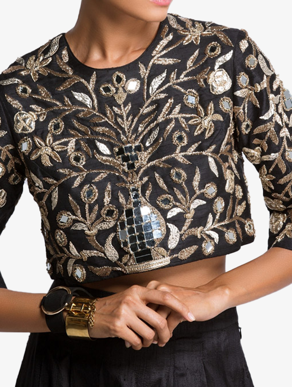 Black dupion with leather low crotch trousers