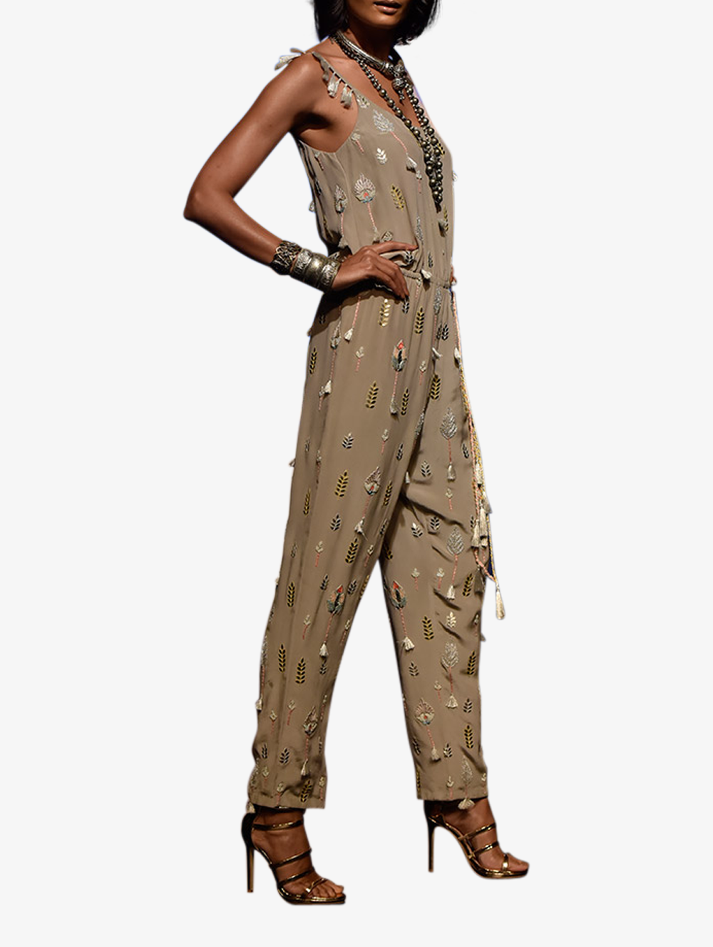 Grey crepe folk embroidered jumpsuit