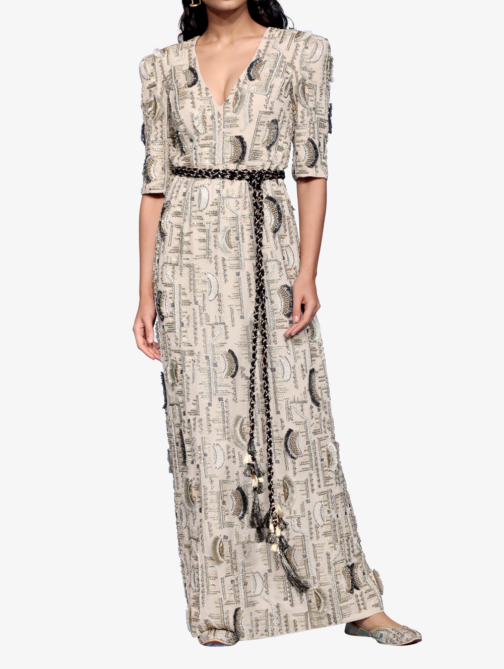 Stone georgette embroidered deep neckline gown with rope belt