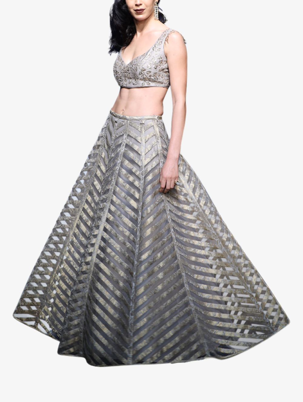 Grey silk choli and brocade striped lehenga set