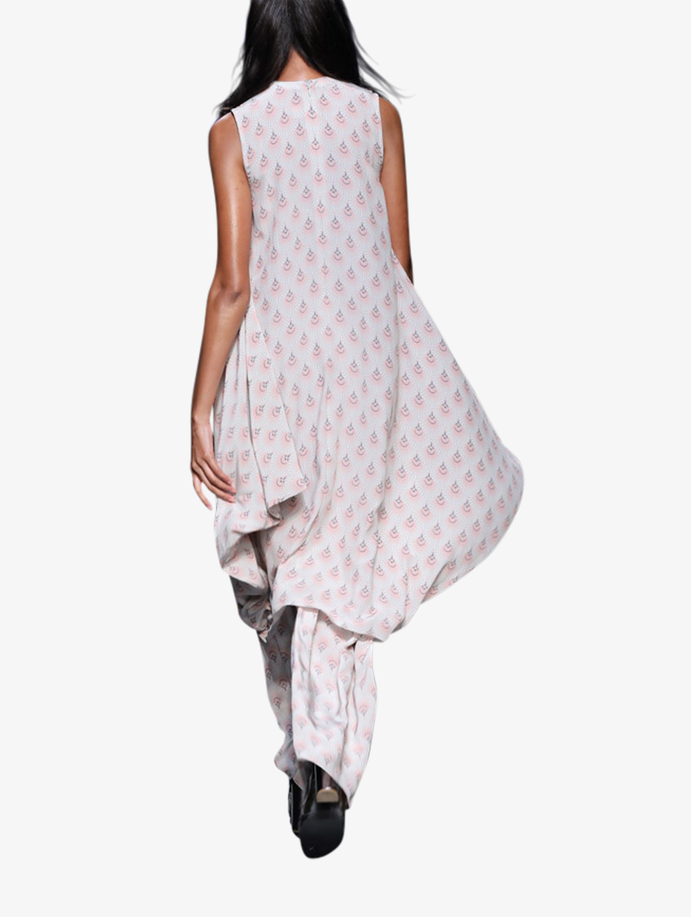 Blush fan print crepe cowl kurta with fringe tassel neckline and palazzo