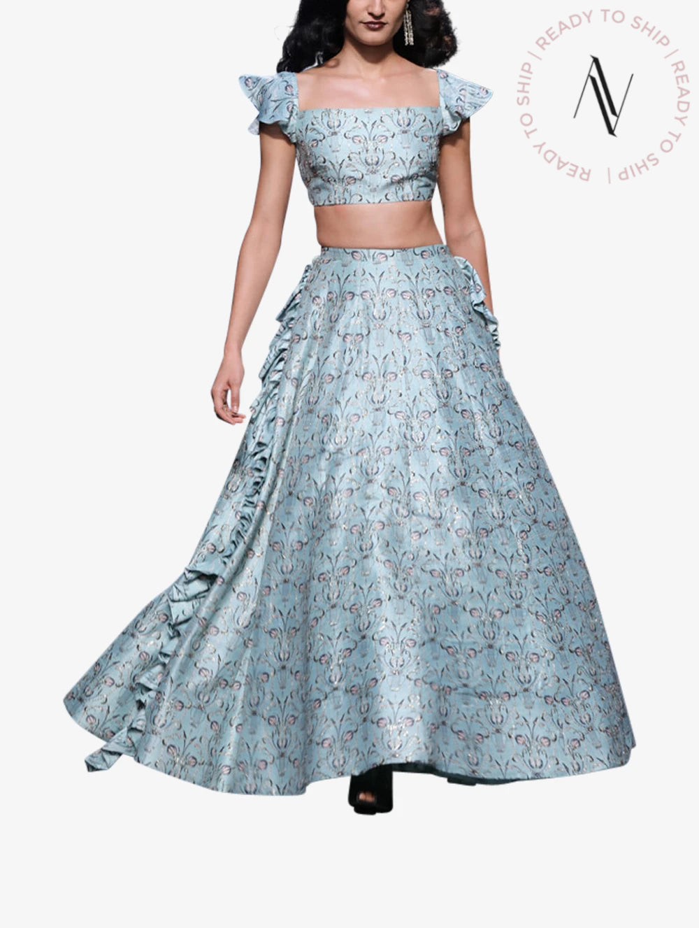 Off-shoulder embroidered choli + lehenga