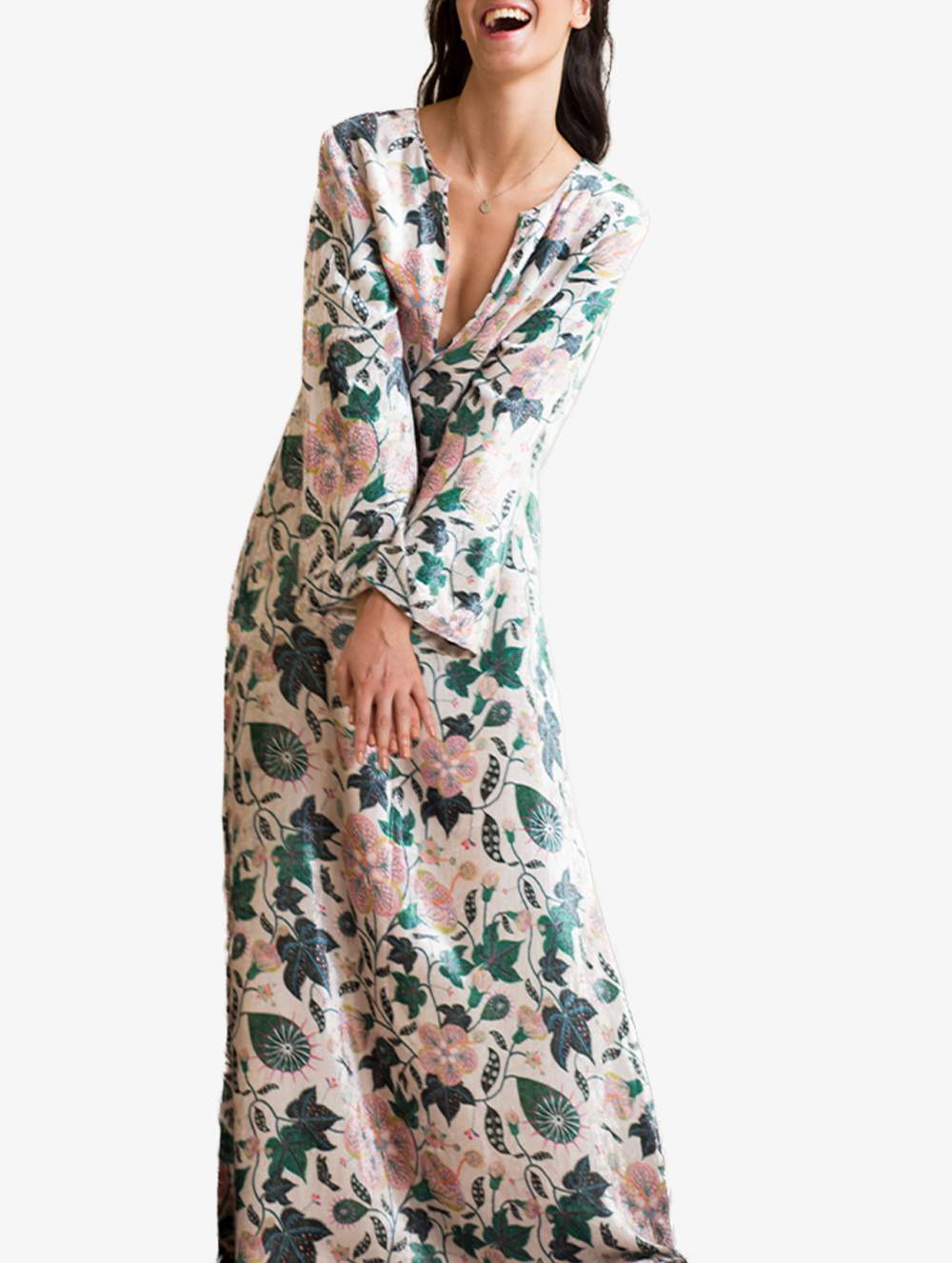 White abutilon print velvet long silk kaftan