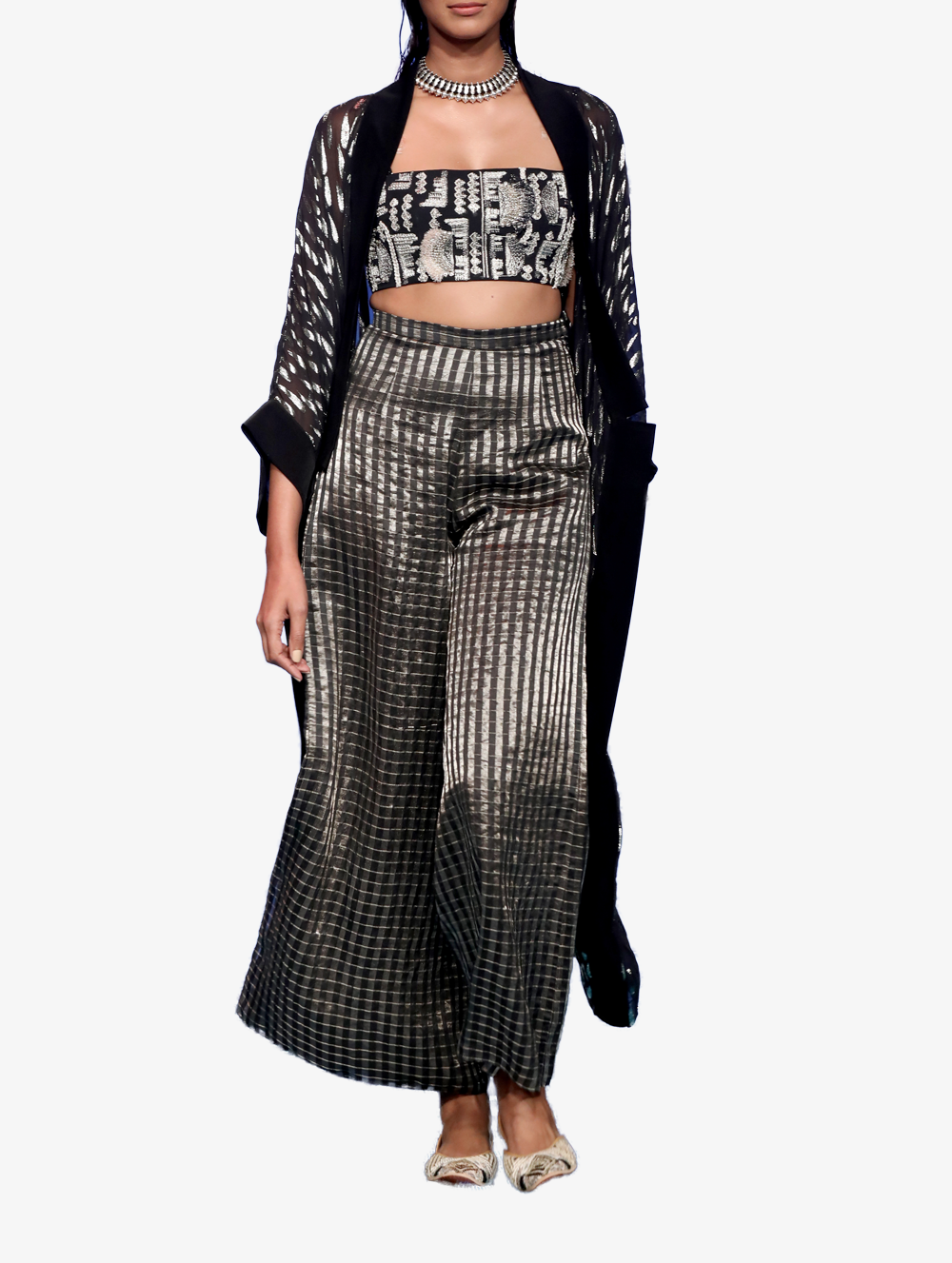 Black embroidered bustier and Chanderi striped palazzo set