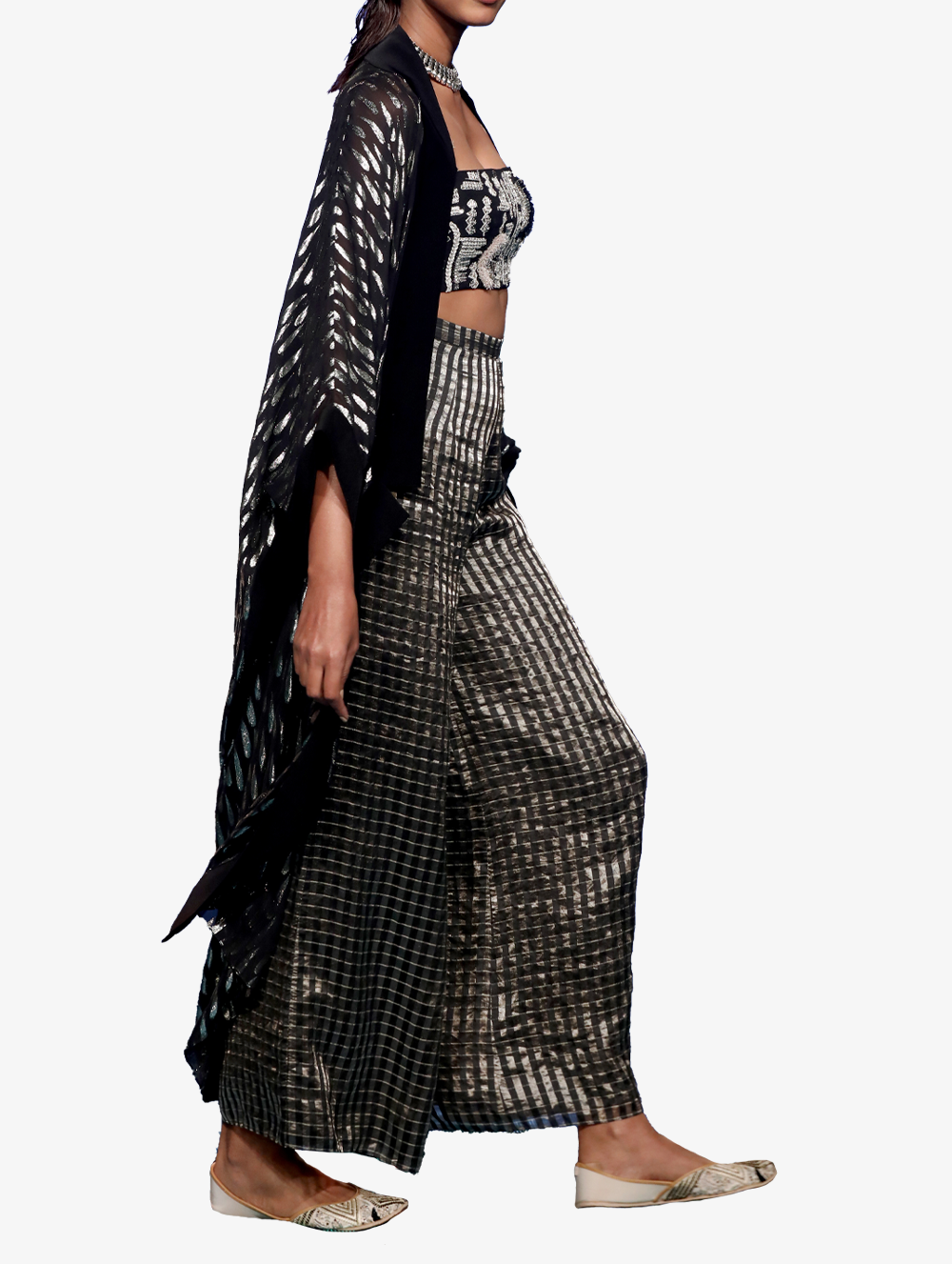 Black embroidered bustier and Chanderi striped palazzo set