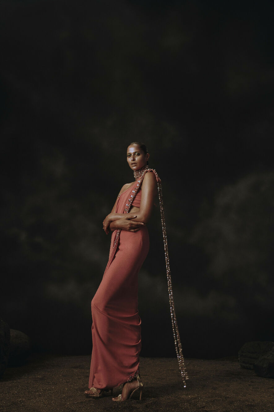 Pink Pre stitched Saree with Holographic Bead Pallu & Bustier Embroidered Blouse