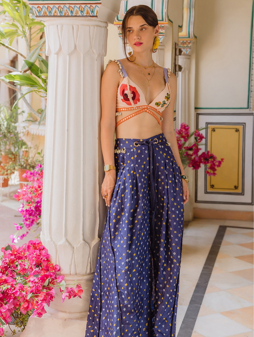 Navy Bandhini Red Flower Trousers + Bralette