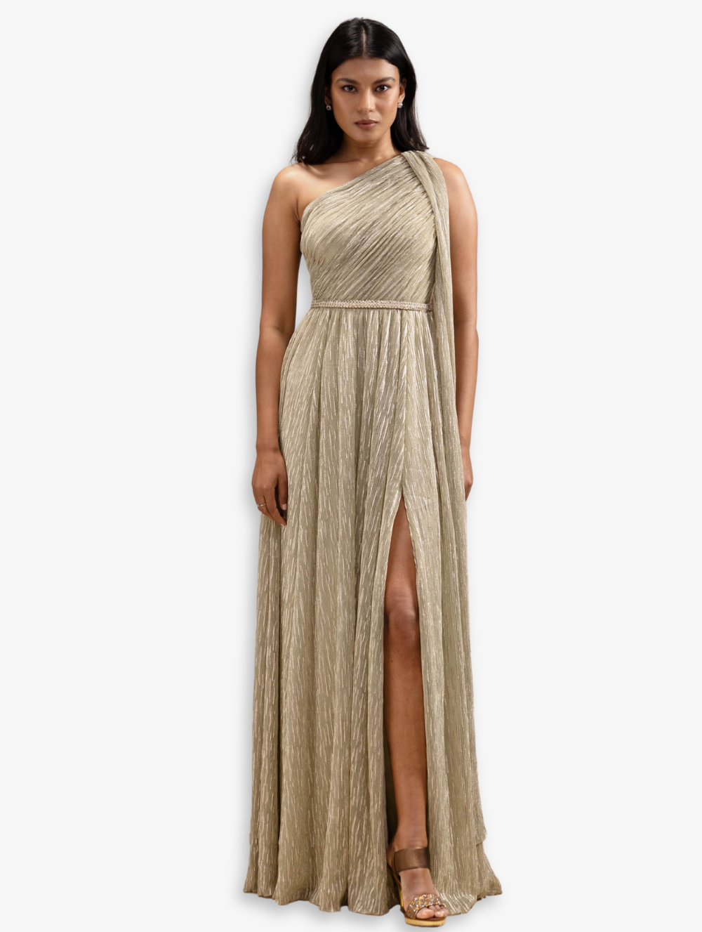 One Shoulder Long Gold Shimmer Dress - Juno