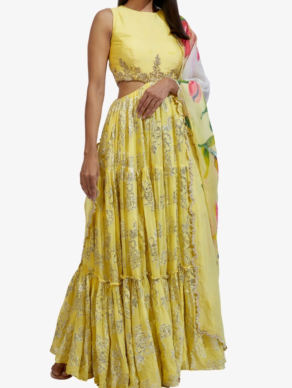 Yellow tiered Anarkali Hand Painted Set