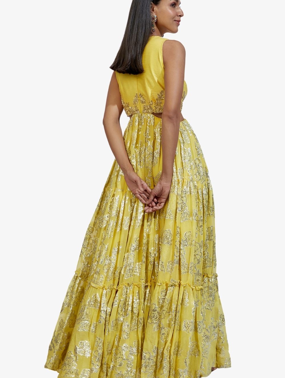 Yellow tiered Anarkali Hand Painted Set