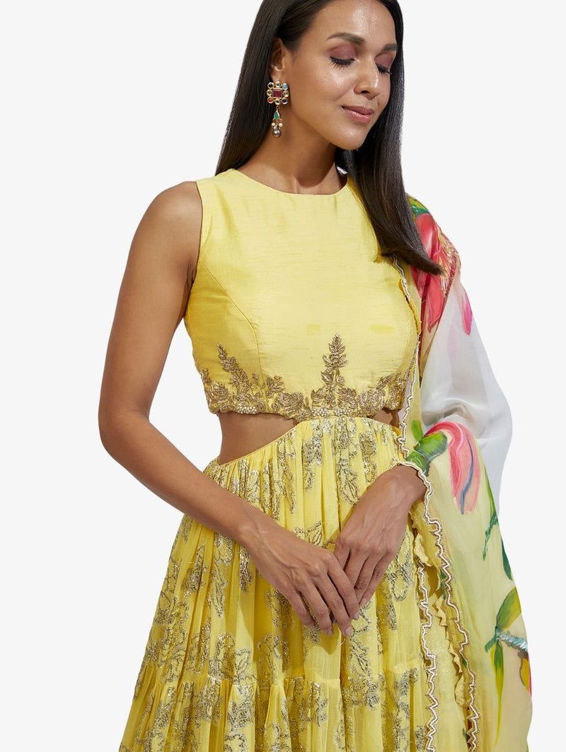 Yellow tiered Anarkali Hand Painted Set