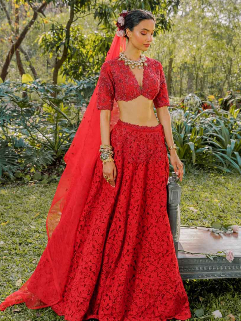 Bohemian Bridal Red + Gold Lehenga Set