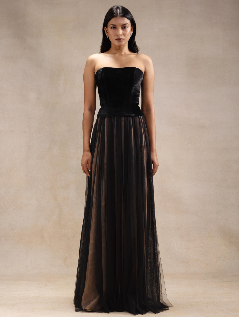 Black strapless Velvet Corset Top with Tulle Skirt - Arlo