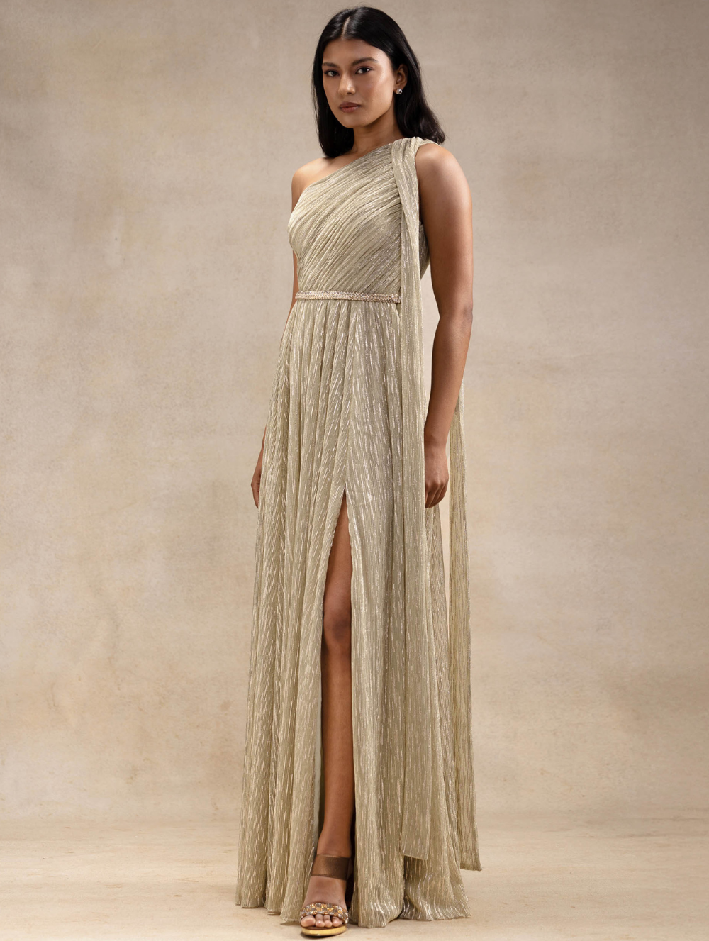 One Shoulder Long Gold Shimmer Dress - Juno