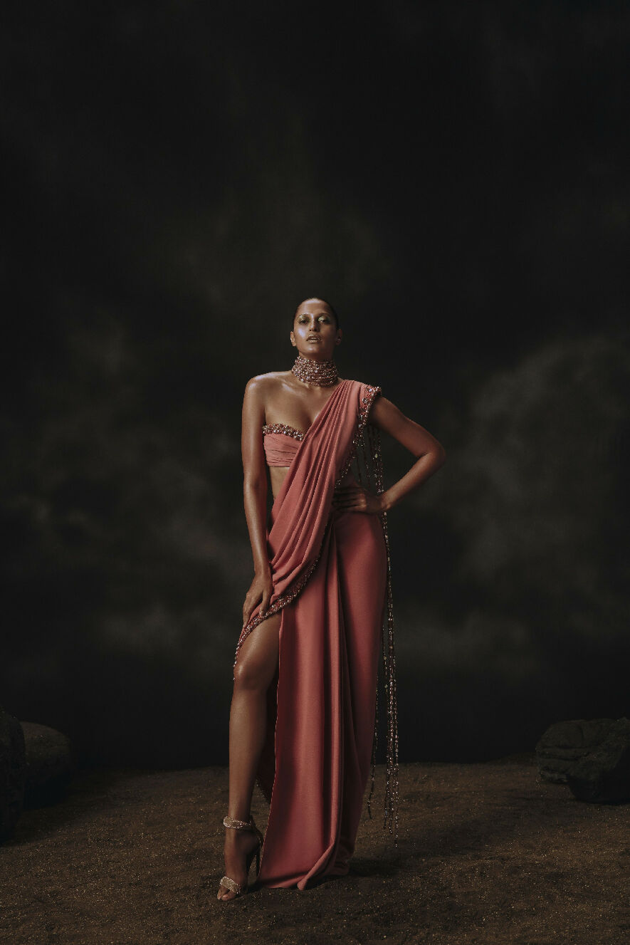 Pink Pre stitched Saree with Holographic Bead Pallu & Bustier Embroidered Blouse