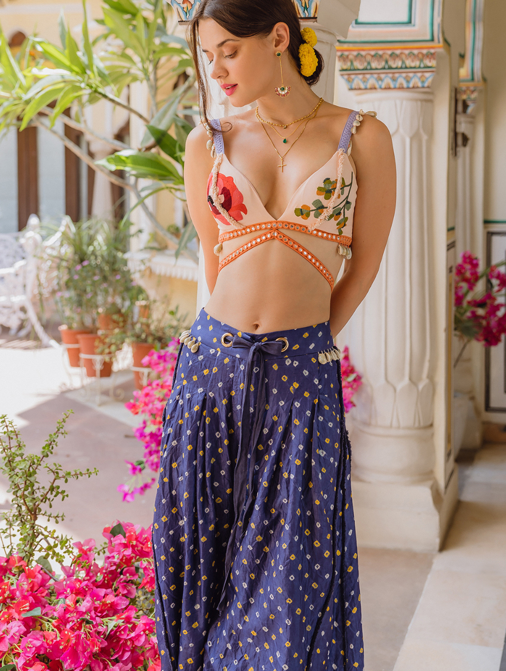 Navy Bandhini Red Flower Trousers + Bralette