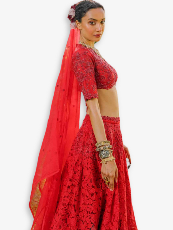 Bohemian Bridal Red + Gold Lehenga Set