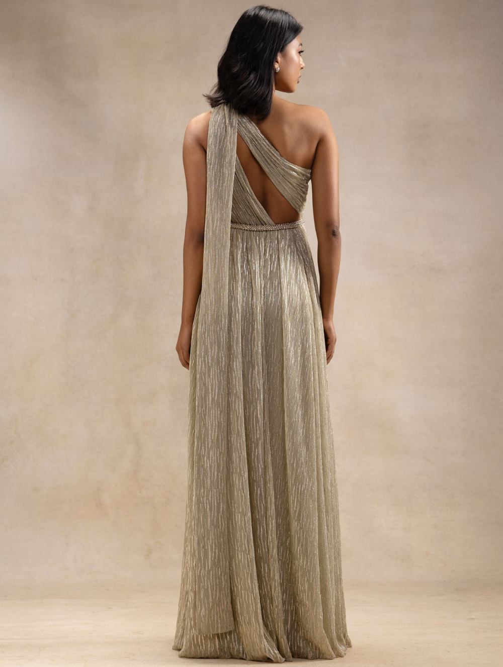 One Shoulder Long Gold Shimmer Dress - Juno