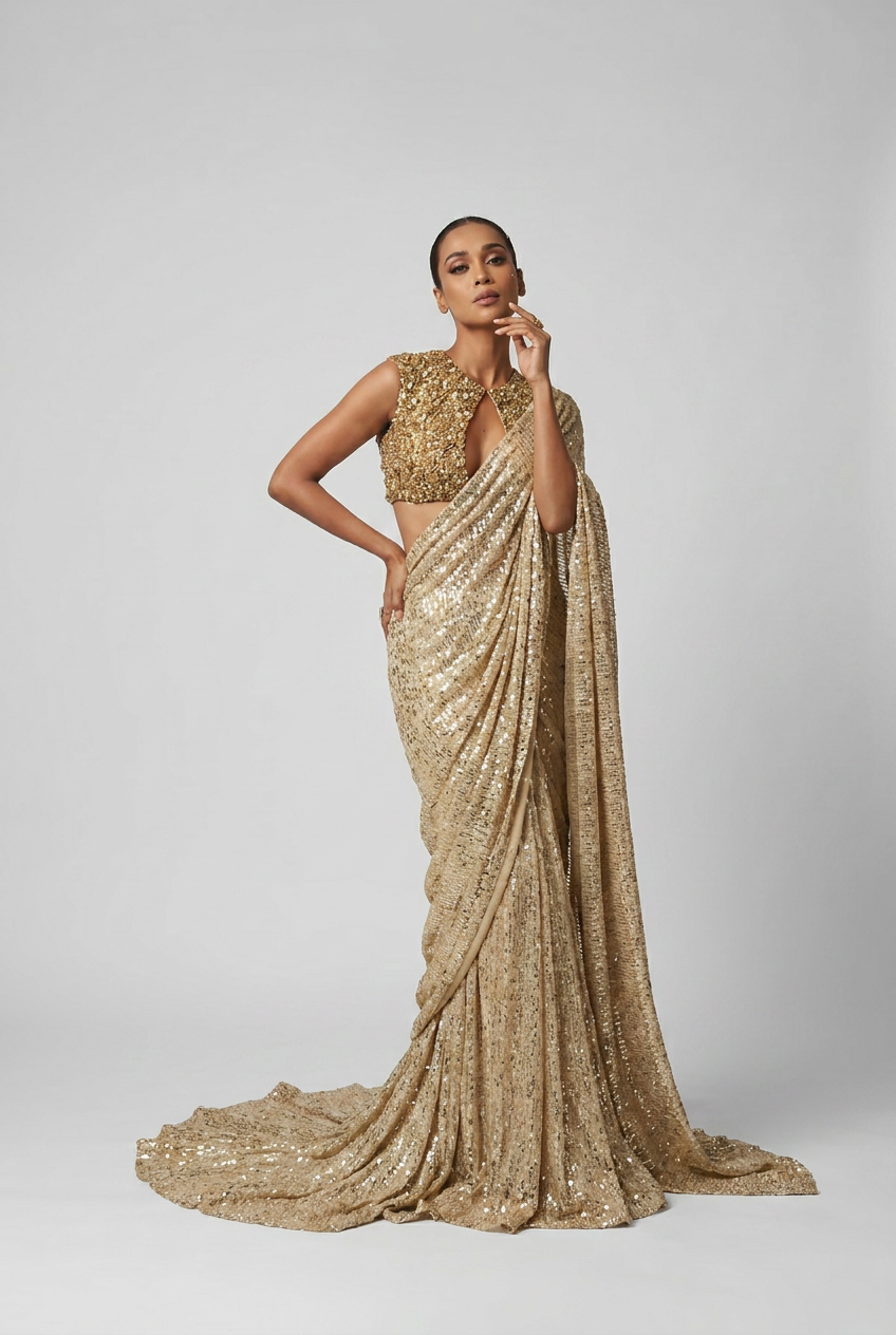Eye Cut Embroidered Blouse With Fishtail Saree