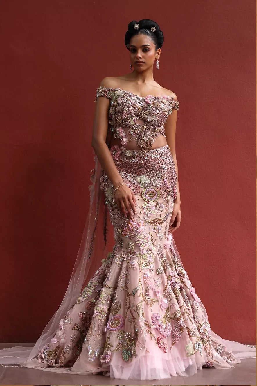 Lila Floral Lehenga in Mocha Mousse & Peppermint Pink