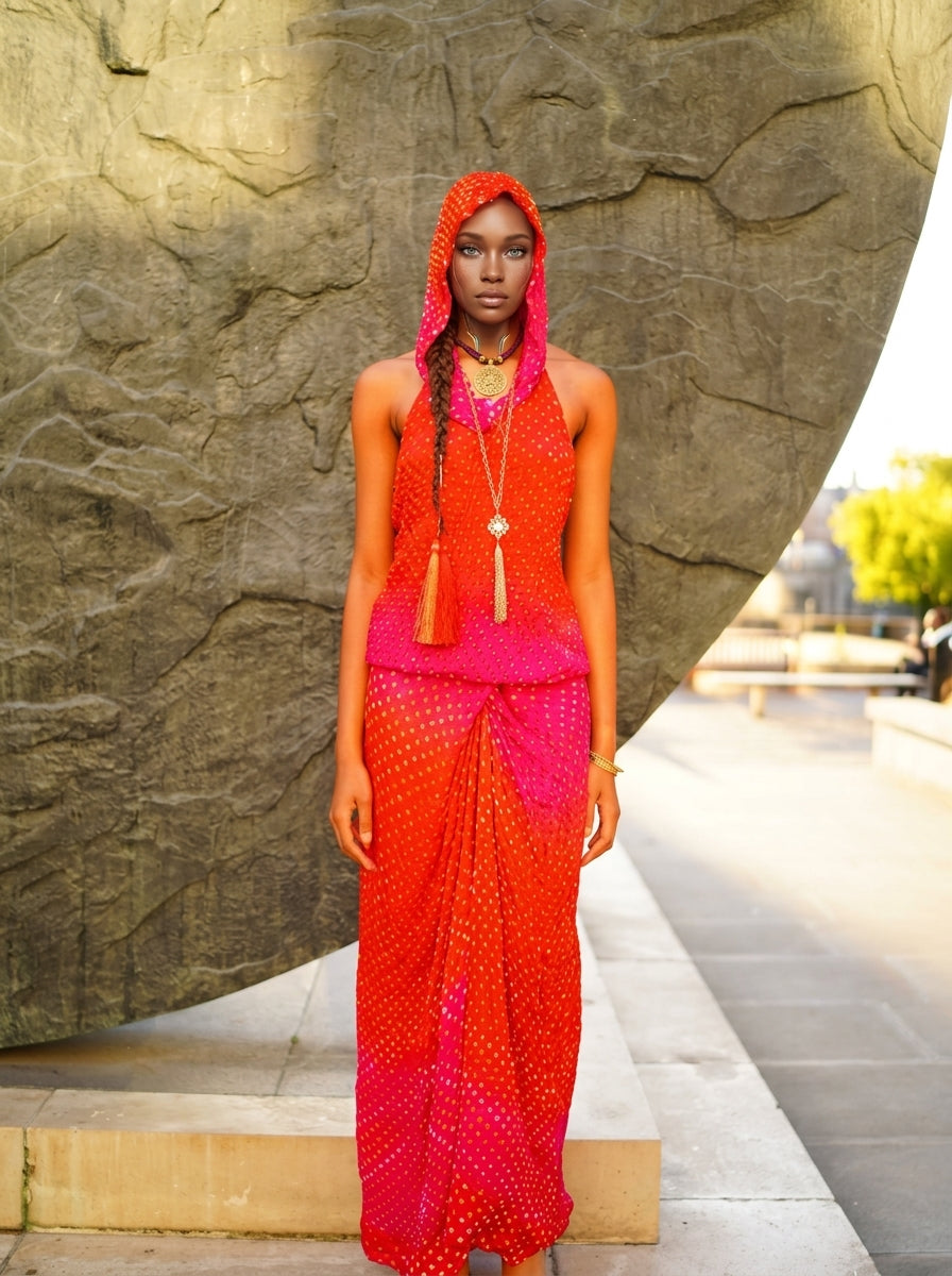 Hue Ombre Orange And Pink Hoodie Top & Wrap Skirt Set by Pindiga