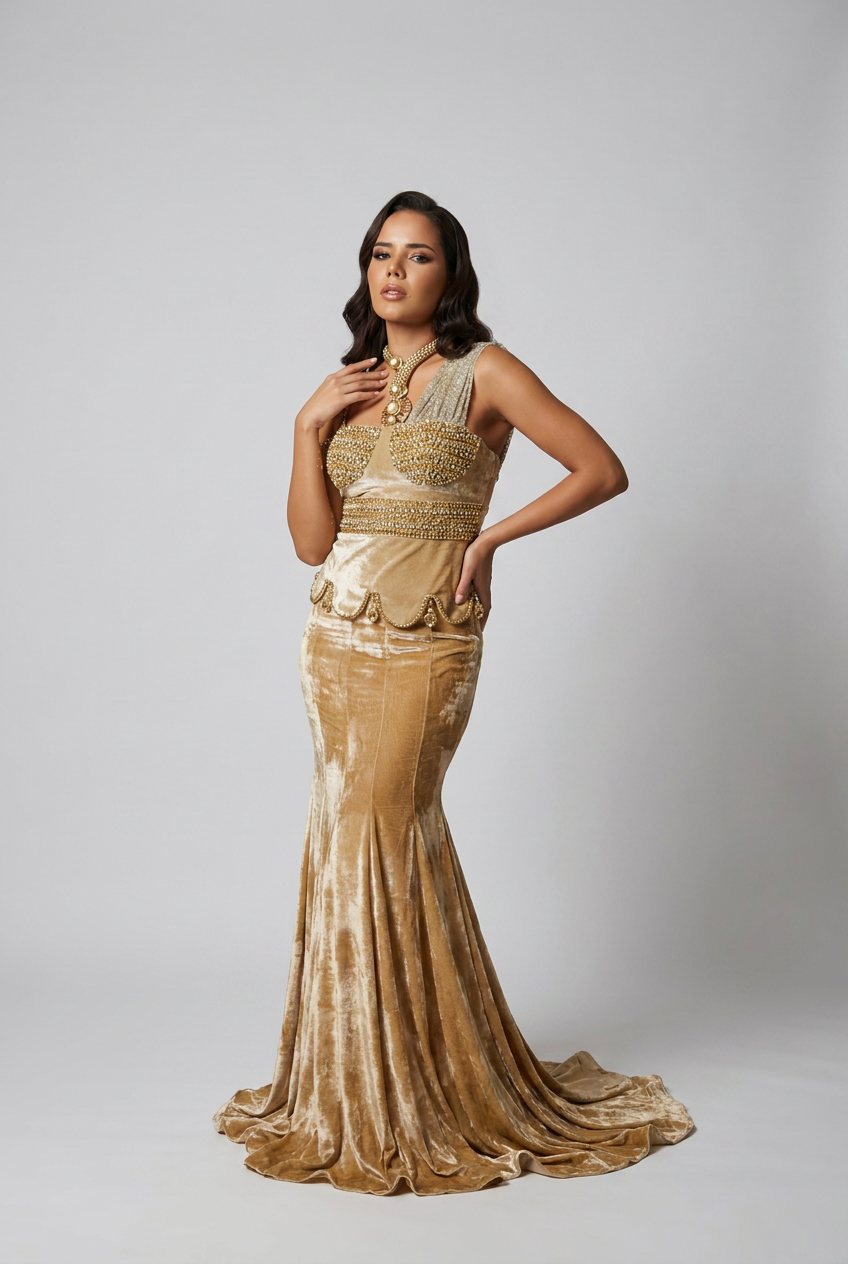 Gold silk velvet scallop top with fishtail skirt
