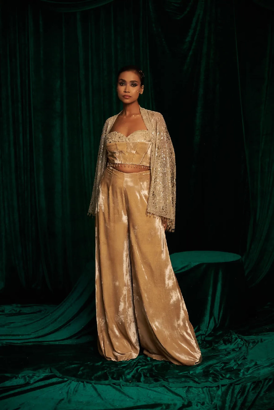 Velvet Flare Pants And Blouse Paired With Cape Jacket